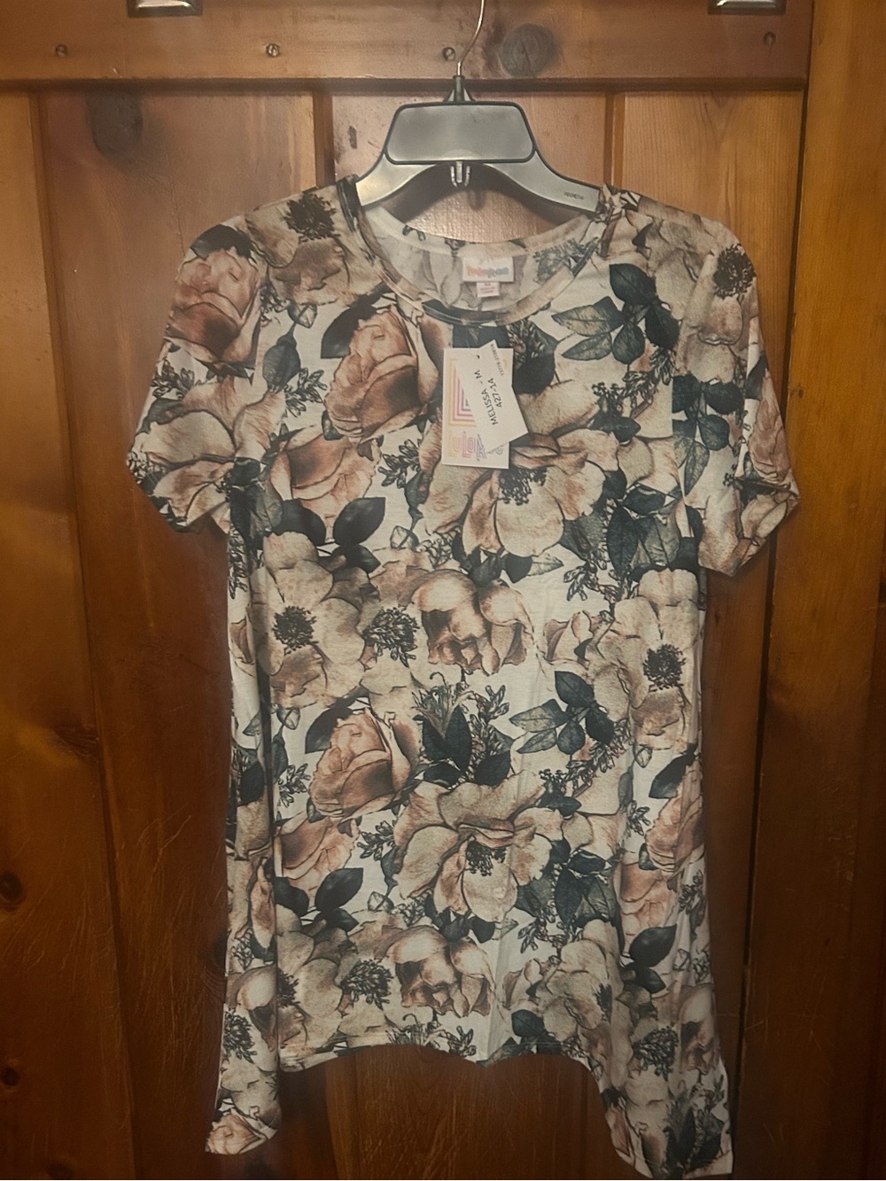 LuLaRoe Woman’s Floral Short-Sleeve Tee in Beige Multi-Colored Melissa - M